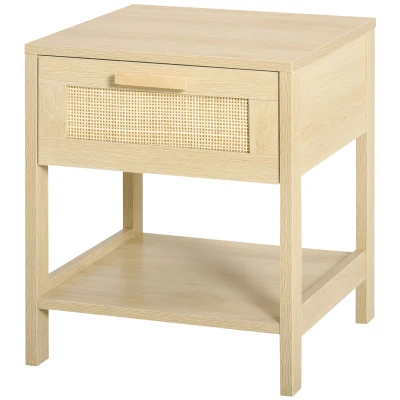 HOMCOM Narrow Nightstand with Rattan Elements, Bedside Table with Drawer and Storage Shelf for Bedroom, Natural