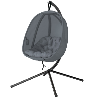 Outsunny Hanging Egg Chair, Outdoor Indoor Swing Chair with Stand, Folding Basket and Thickened Cushion, Grey