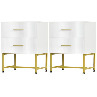 HOMCOM 2 Pieces Nightstands with Storage, Modern Bedside Tables with 2 Fluted Drawers and Gold Legs for Bedroom, White