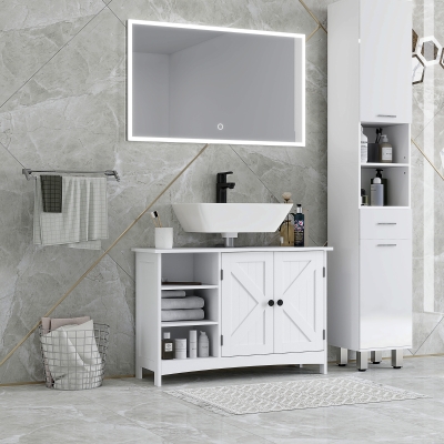 HOMCOM Bathroom Vanity Cabinet, Under Sink Storage Cabinet with Double Doors, Open and Adjustable Shelves, White