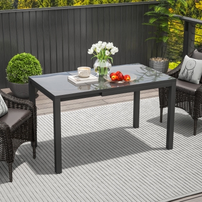Outsunny Extendable Patio Dining Table, 33.5"-49.2" Adjustable Outdoor Dining Table for 4-6 Person, with Tempered Glass Top, Metal Frame, for Lawn, Garden, Dark Grey