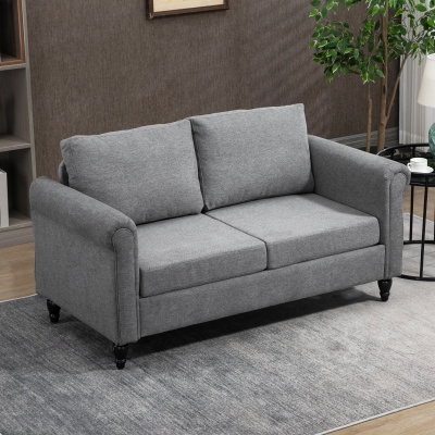 HOMCOM Vintage Loveseat, Upholstered Love Seat Furniture, Chenille-feel Fabric 2 Seater Sofa Couch with Rolled Arms, Gourd-Shaped Rubber Wood Legs for Living Room, Light Grey