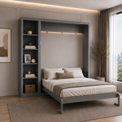 Queen Size Murphy Wall Bed with Dual Piston Mechanism and Shelves, Fold-Away Bed with Flexible Slat, 94'' L x 82'' W x 88.5'' H, Gray