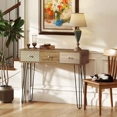 HOMCOM Narrow Console Table with Drawers, 35" Entryway Table with Hairpin Legs for Hallway, Foyer, Living Room, Brown