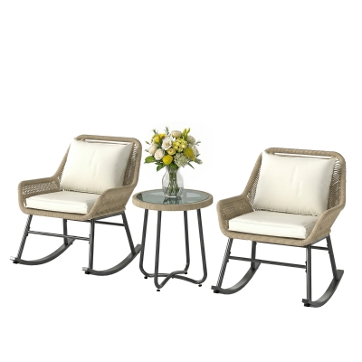 Outsunny 3 Piece Rocking Bistro Set Outdoor Patio Furniture Set with Cushions, Glass Coffee Table for Balcony, Cream White