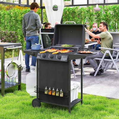 Outsunny 3+1 Burner Propane Gas BBQ Grill, Portable Gas Barbecue Grill with Side Burner, Thermometer, Lid, Side Table, Shelf, Spice Rack, Wheels, Grease Cup for Garden, Black