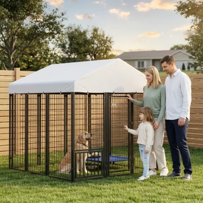 PawHut 5.9' Outdoor Dog Kennel with Roof & Adjustable Bowls