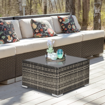 Outsunny Rattan Garden Coffee Table, 25.6" Square Garden Rattan Table with Tempered Glass Top, Deep Grey
