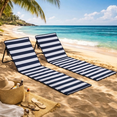 Outsunny Set of 2 Foldable Lounge Chairs with Carry Bag, Adjustable Backrest, Blue and White