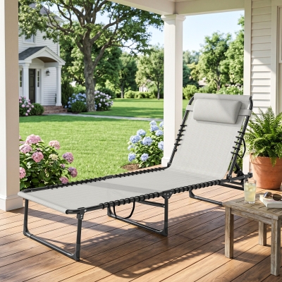 Outsunny Outdoor Folding Lounge Chair, 4-Level Adjustable Chaise Lounge with Headrest, Tanning Chair Beach Bed, Reclining Lounger Cot for Camping, Hiking, Backyard, Cream