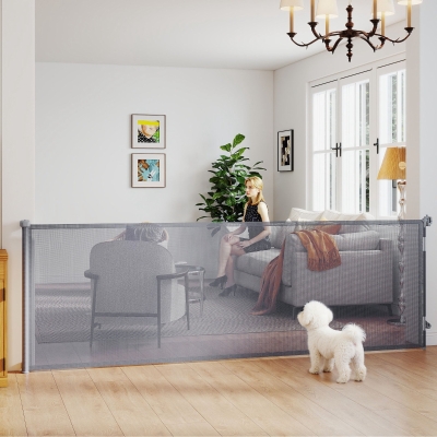 PawHut Retractable Dog Gate, 41" Tall,  Extends to 122" Wide, Mesh Pet Gate with Single Hand Operation, for Stairs, Doorways