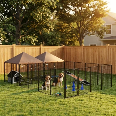 PawHut Large Outdoor Dog Kennel with 2 Rooms & Adjustable Bowls