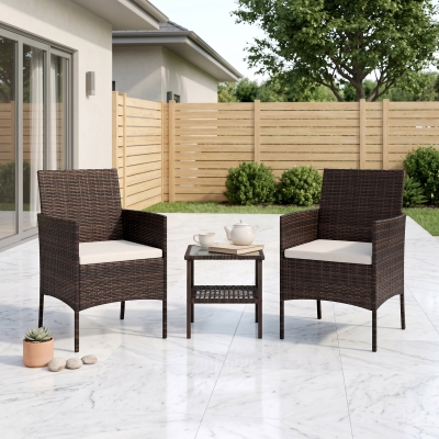 Outsunny Wicker Bistro Set, 3 Piece Patio Furniture Set with 2-Tier Glass Top Table, Cushions for Balcony, Porch, Beige