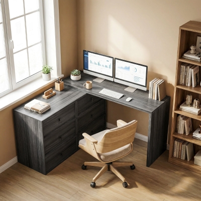 HOMCOM L Shaped Computer Desk Home Office Desk with 6 Drawers Black Wood Grain