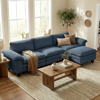 HOMCOM Sectional Sofa, L Shaped Couch with Deep Seat, Movable Ottoman and Pillow-top Armrests, Blue