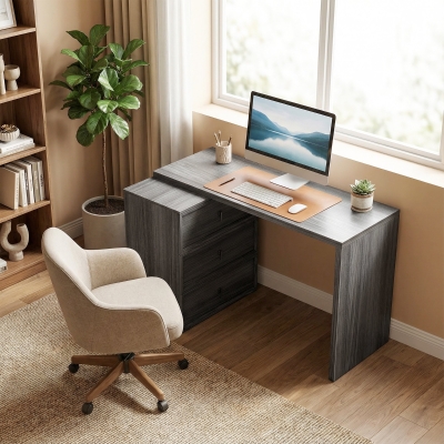 HOMCOM L Shaped Computer Desk Home Office Desk with 3 Drawers Black Wood Grain