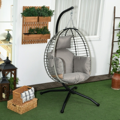 Outsunny Outdoor Hanging Egg Chair with Thick Padded Cushion, Patio Swing Chair, Grey