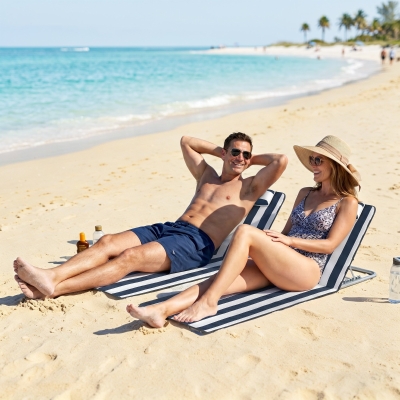 Outsunny 2 Pieces Beach Lounge Chair, Outdoor Folding Chaise Lounge Set w/ Pillow for Sunbath, Snap, Blue and White