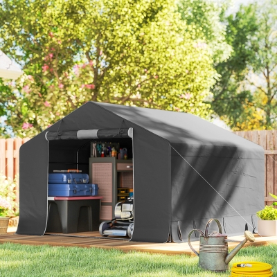 Outsunny 10' x 10' Portable Shed, Waterproof Bike Tent with Roll-up Zipper Door and Reinforced Galvanised Metal Frame, Dark Grey