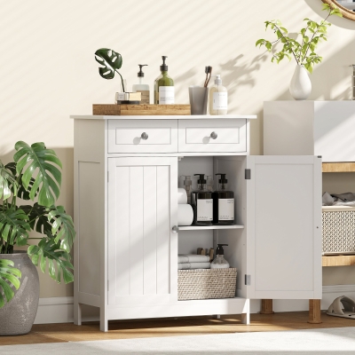 kleankin Freestanding Bathroom Floor Cabinet, Organizer Floor Tower with 2 Door, 2 Drawers, Adjustable Shelf, White