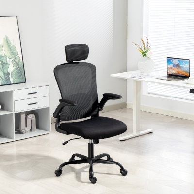 HOMCOM Ergonomic Office Chair, Mesh Desk Chair with Adjustable Headrest, Lumbar Support and Height, Flip-Up Armrests, Black