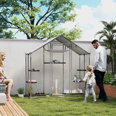 PawHut Large Catio Outdoor Cat Enclosure with Waterproof Cover, Walk-in Cat Patio w/ 5 Adjustable Platforms & Hammock 79" W