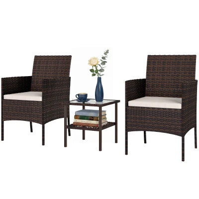 Outsunny Wicker Bistro Set, 3 Piece Patio Furniture Set with 2-Tier Glass Top Table, Cushions for Balcony, Porch, Beige