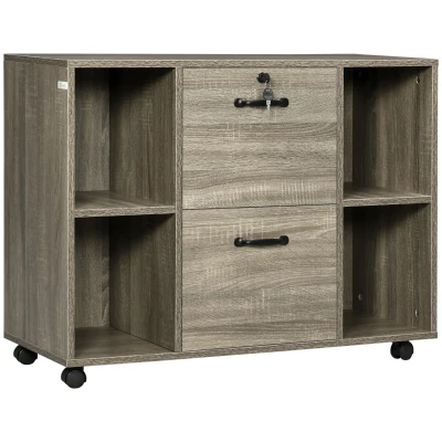 Vinsetto Lateral Filing Cabinet with Wheels and Lockable Drawer, File Cabinet, Mobile Printer Stand with Open Shelves for Letter and A4 Size Documents for Home Office, Grey
