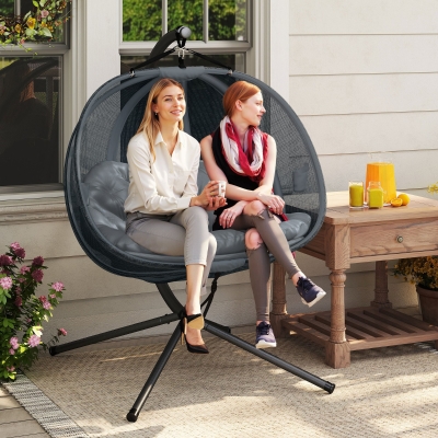Outsunny Double Egg Chair with Stand, 2 Person Hanging Swing Egg Chair with Cushion, Pockets, Grey