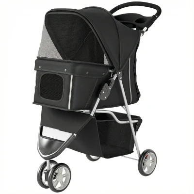PawHut 3 Wheels Foldable Dog Stroller with Storage Basket, Adjustable Canopy, Cupholder for Miniature and Small Dogs, Black