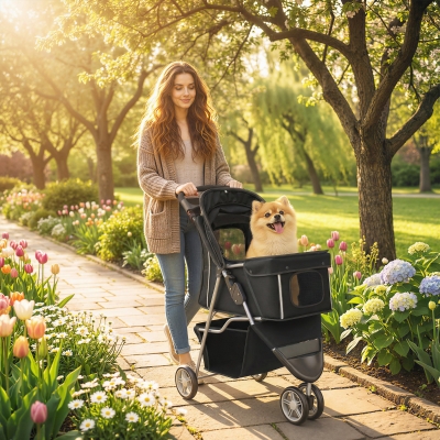 PawHut 3 Wheels Foldable Dog Stroller with Storage Basket, Adjustable Canopy, Cupholder for Miniature and Small Dogs, Black