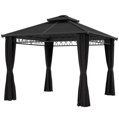 Outsunny 10' x 10' Outdoor Hardtop Gazebo Canopy with Double PC Roof, Steel Frame, Nettings, Curtains for Garden Lawn Deck, Black