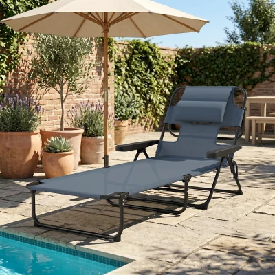Outsunny Folding Lounge Chair with Reclining Back, Gray