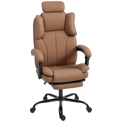 HOMCOM Reclining Office Chair, Executive Desk Chair with Pet-Friendly Fabric, Headrest, Footrest, Swivel Wheels, Brown