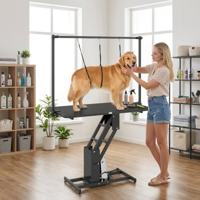 PawHut 43" L Hydraulic Dog Grooming Table, Z-Lift Height Adjustable Pet Grooming Table with Noose and Non-Slip Tabletop