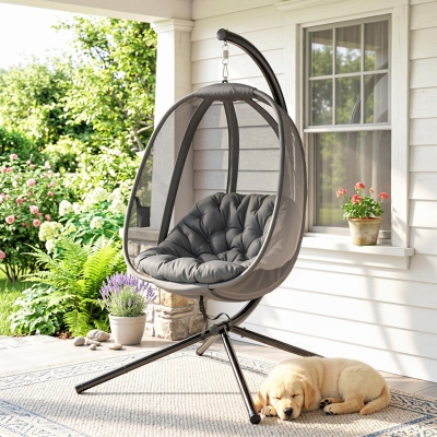 Outsunny Hanging Egg Chair, Outdoor Indoor Swing Chair with Stand, Folding Basket and Thickened Cushion, Grey