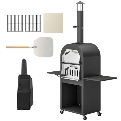 Outsunny Outdoor Wood Fired Pizza Oven with Side Shelves and Open Cabinet, Pizza Maker on Wheels with Thermometer, Stone, Peel