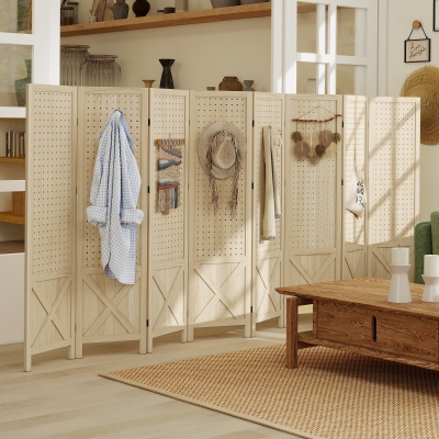 HOMCOM Wooden Room Divider with Pegboard Display, 8 Panel Folding Privacy Screen for Home Office, Natural Wood