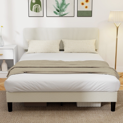 HOMCOM Queen Size Bed Frame with Adjustable Upholstered Headboard Platform Bed Frame Wood Slat Support Noise Free Light Grey