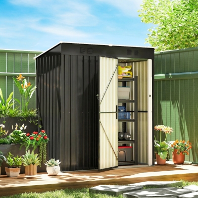 Outsunny 5 x 3 ft Outdoor Storage Shed, Lean-to Metal Garden Shed with Lockable Door and Vents, Dark Grey