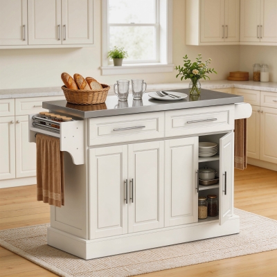 HOMCOM Rolling Kitchen Island with Storage and Stainless Steel Top, Kitchen Trolley with Drawers, Cabinets, Towel Rack, Cream
