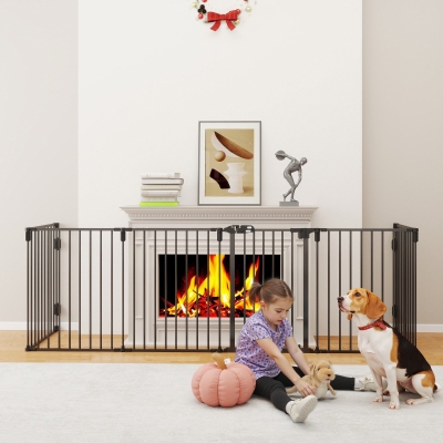 PawHut Dog Safety Gate 6-Panel Playpen Fireplace Christmas Tree Steel Fence Stair Barrier Room Divider Black