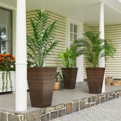 Outsunny Tall Planter for Outdoor Plants Set of 3, 28 Inch Taper Planter with Drainage Holes, Brown