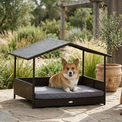 PawHut Wicker Dog House with Canopy, 19.75" for Dogs up to 66 lbs
