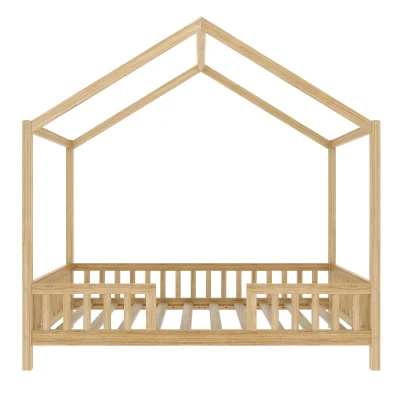 Twin House-Style Toddler Bed with Full Guardrails and DIY Canopy Frame, Montessori Floor Bed with Canopy, 78.5'' L x 41.5'' W x 78'' H, Natural