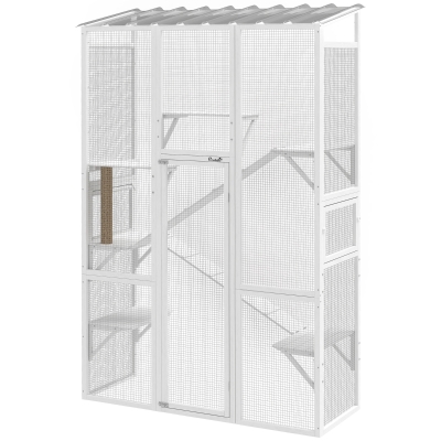 PawHut Large Outdoor Catio with 6 Jumping Platforms, Scratching Post, 2 Ramps, Waterproof Roof, White