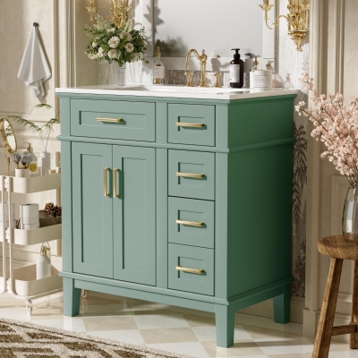 Solid Bathroom Vanity with Ceramic Undermount/Drop-In Sink, Modern Storage Cabinet for Compact Washrooms, 30'' L x 18'' W x 34'' H, Light Green