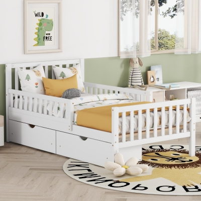 Twin Wood Platform Bed with 2 Under-Bed Storage Drawers, Solid Bed Frame for Children or Restless Sleepers, 77.5'' L x 42'' W x 34.5'' H, White