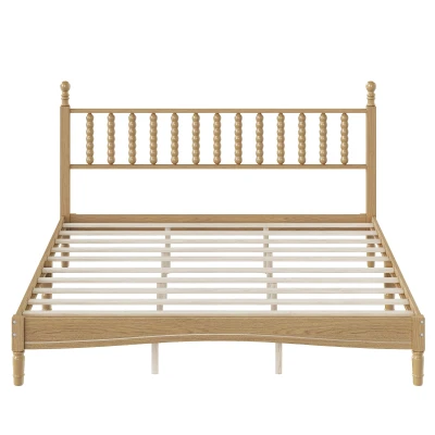 King Size Wood Platform Bed with Gourd-Shaped Headboard, Sturdy Bed Frame for Classic or Eclectic Décor, 84.5'' L x 79'' W x 45'' H, Natural