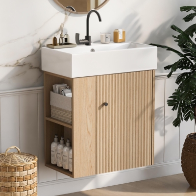 Space-Saving Floating Bathroom Vanity with Ceramic Basin, Wall-Mounted Cabinet for Compact Washroom, 21.5'' L x 12'' W x 26.5'' H, Wood